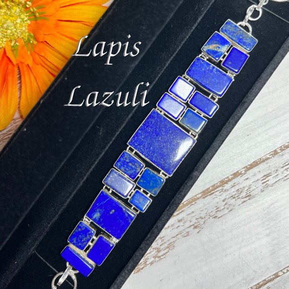 Lapis Lazuli Bracelet Handmade Stone Gemstone 925 Silver Large Ethnic Boho New! - Picture 1 of 15